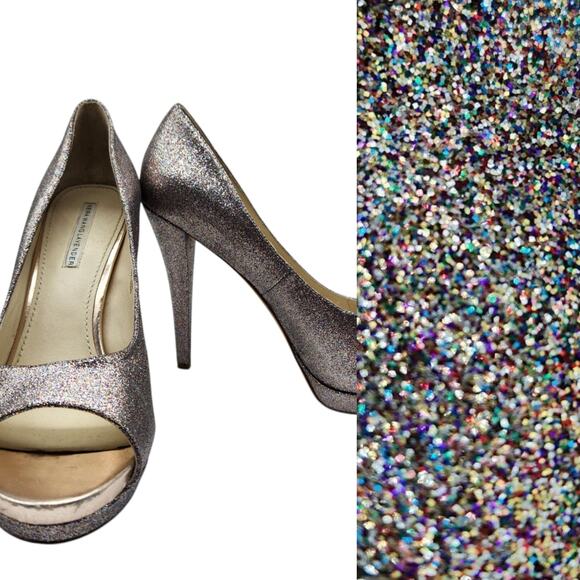 Vera Wang Metallic Glitter Shiny Open Toe Stiletto Heals Pumps Size 10 5" - Picture 1 of 9